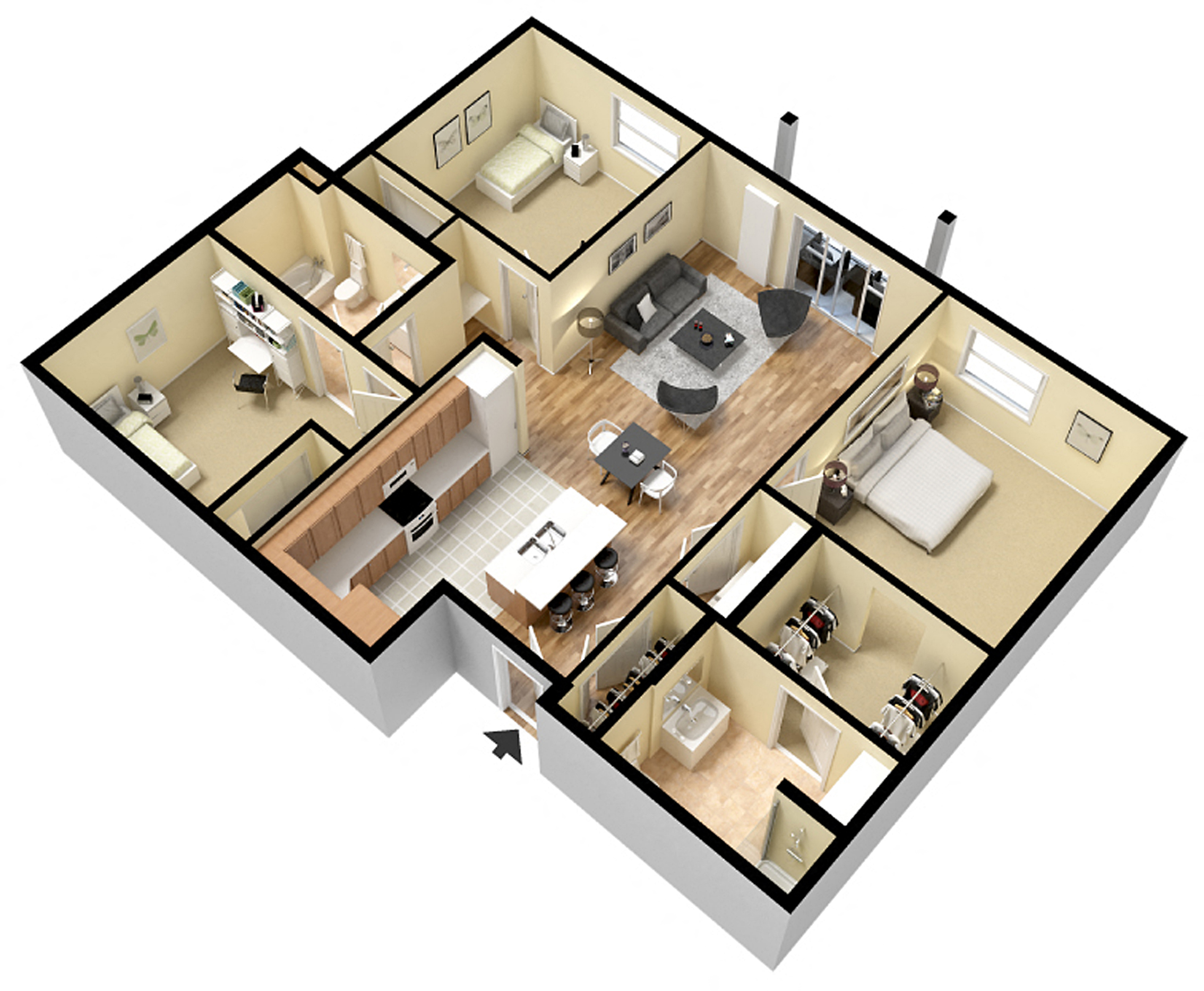 Floor plan for 3 beds, 2 baths, 1379 sqft